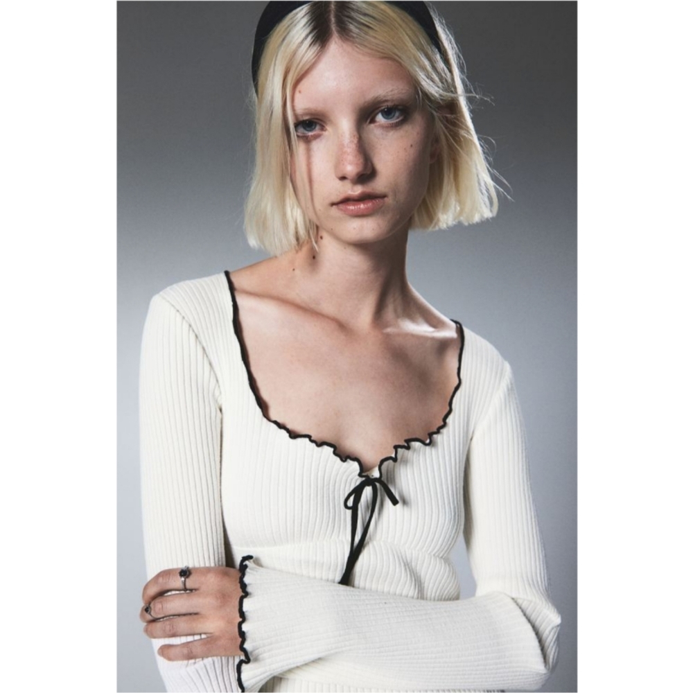 H&M Ribbed Jersey Knit Dress White Trim Ribbon Detail